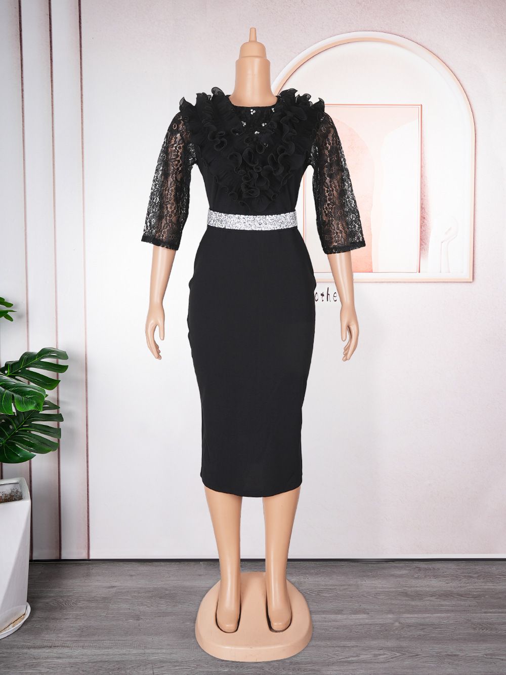 Plus Size Office Pencil Dress – Stretch Polyester Blend With Flattering Silhouette (Sizes L-3XL, White/Black/Yellow/Pink)_ecoleips.com