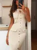 2025 New Women Chic Fashion With Golden Buttons Knitted Midi Dress O Neck Sleeveless Female Dresses Vestidos Mujer_ecoleips.com