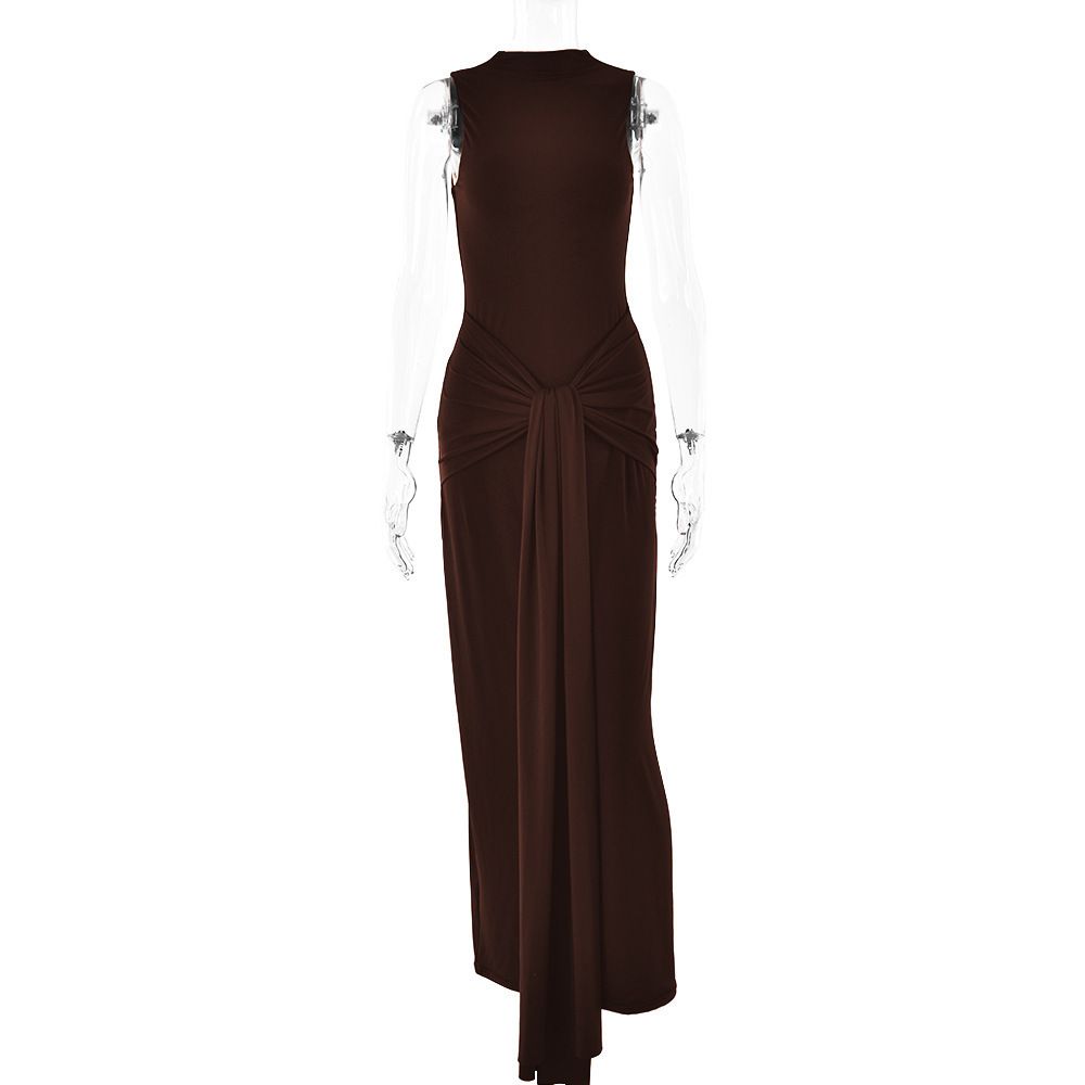 Women's Clothing New Dress Women's Round Neck Sleeveless Strappy Slim Dress Sexy Fashion Solid Color Long Skirt_ecoleips.com