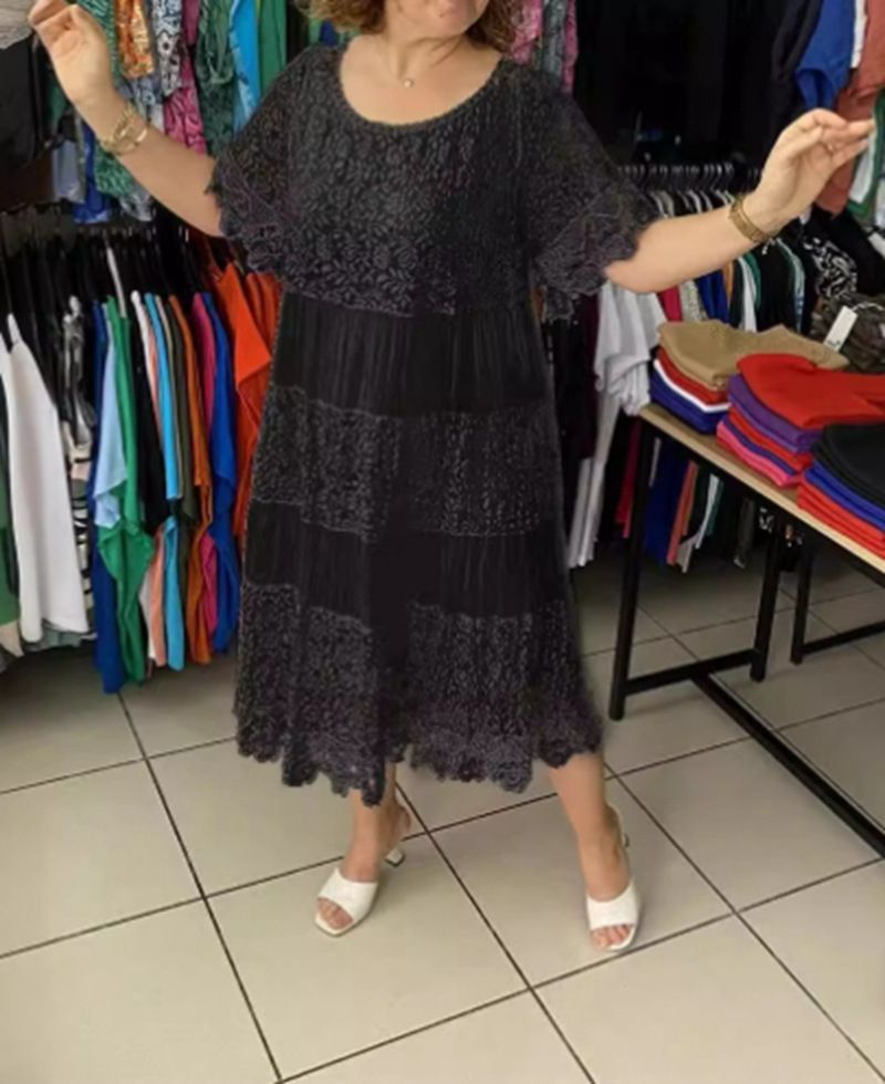 Women's Clothing Solid Color Round Neck Short Sleeve Lace Lace Skirt Women's Clothing_ecoleips.com