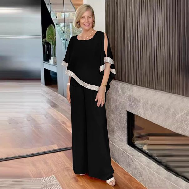 Women's Clothing New Three Piece Round Neck Sequined Color Bat Shirt Wide Leg Pants_ecoleips.com