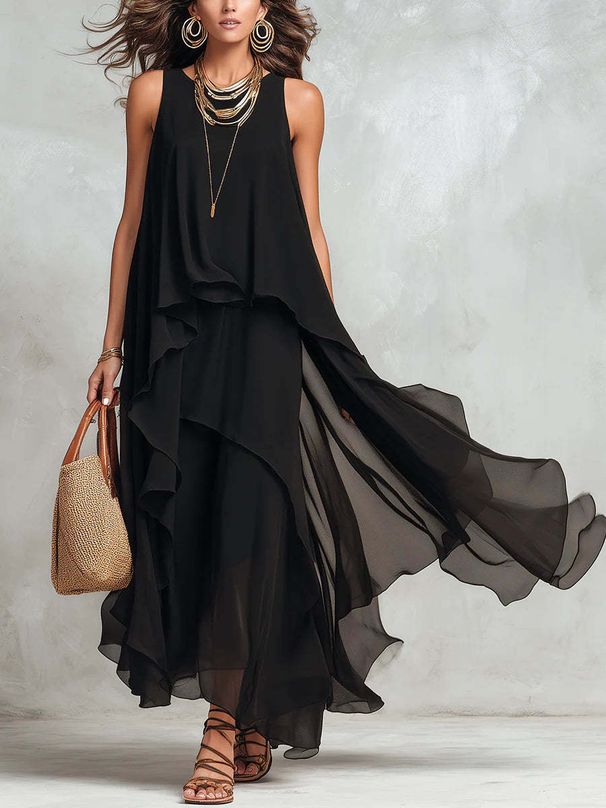 Elegant Black Chiffon Maxi Dress With Asymmetrical Hem, Sleeveless Bohemian Evening Dress For Women, Flowy A-Line Evening Gown_ecoleips.com