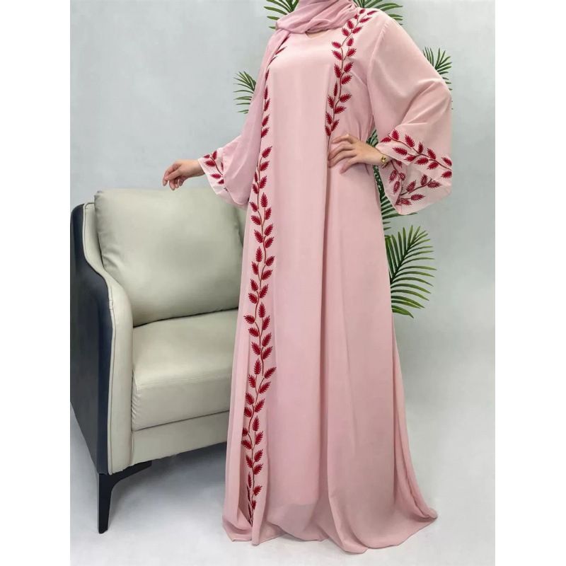 Women's Clothing Fashion Street Chiffon V Neck Embroidered Long Dress Robe With Headscarf_ecoleips.com