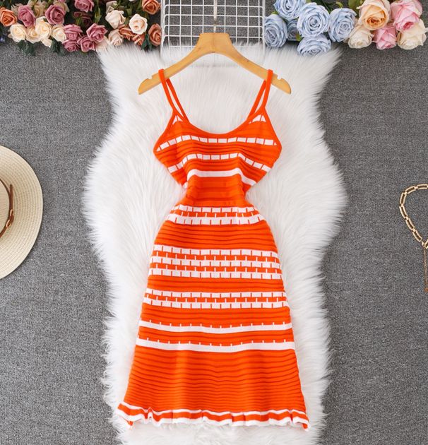 Women's Clothing Summer New Striped Knitted Dress Female Slim Sleeveless Backless Sexy Suspender Skirt_ecoleips.com
