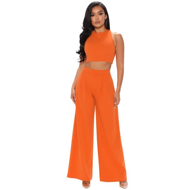 Women's Clothing Summer Women's Navel Baring Vest Straight Leg Flared Pants Casual Sports Two Piece Set_ecoleips.com