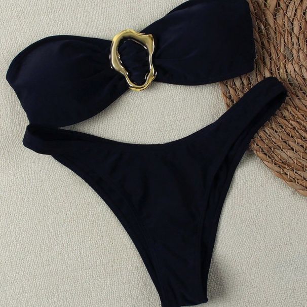 Women's Clothing Split Tube Top Bikini Neck Metal Accessories Swimsuit Suit Solid Color_ecoleips.com