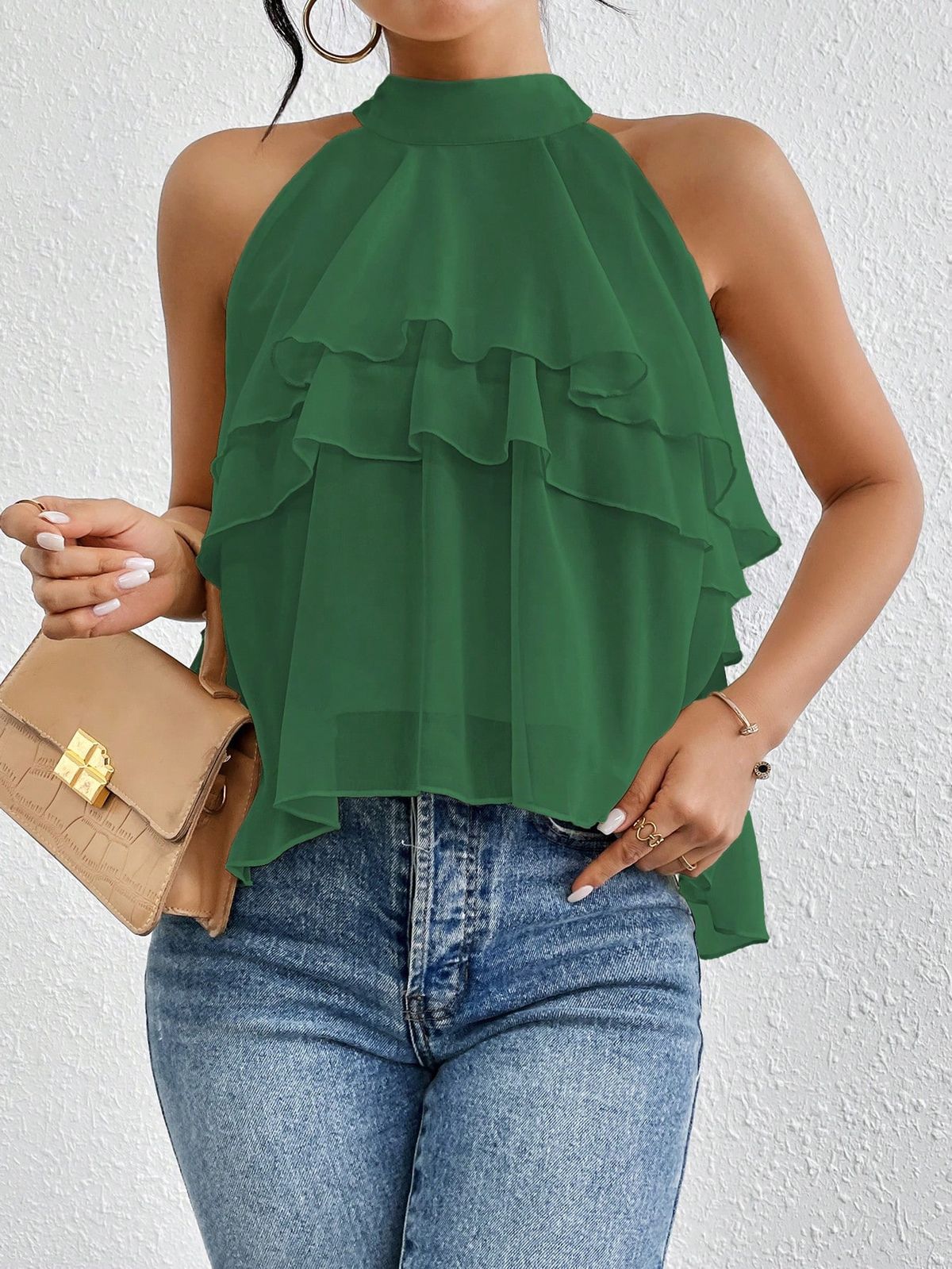 Fashionable Versatile Solid Color Halter Neck Sleeveless Ruffle Top Irregular Women's Clothing_ecoleips.com