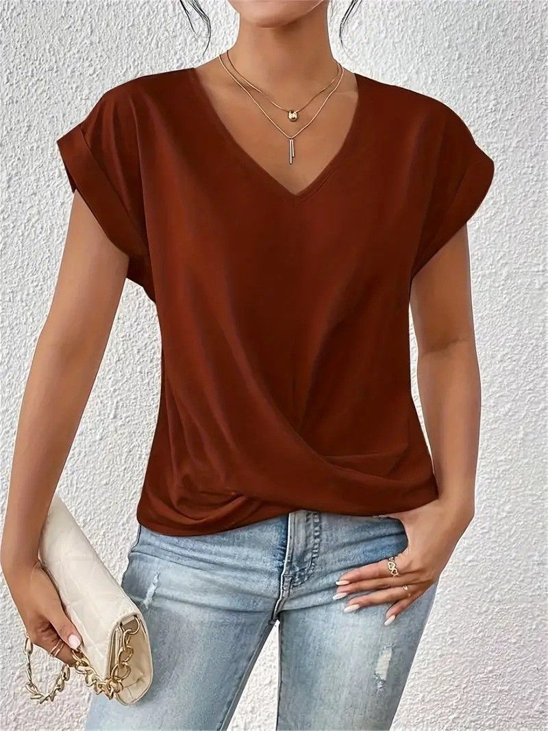 Women's Elegant V Neck T-Shirt Solid Color Short Sleeve Top For Spring/Summer Solid Color V Neck T Shirt_ecoleips.com