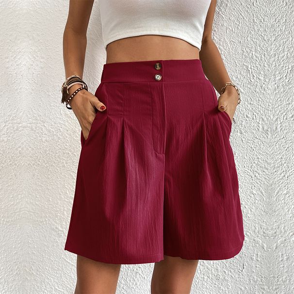 Shorts For Women High Waisted Solid Shorts Pleated Button Pocket Vintage Simple Fashion Summer Streetwear Female Shorts_ecoleips.com