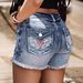 Women's Clothing New Style Back Pocket Wings Embroidery Design Washed Denim Shorts_ecoleips.com
