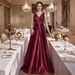 Elegant Satin Sequined Dress For Women Deep V Neck Banquet Ball Gown Evening Dress_ecoleips.com