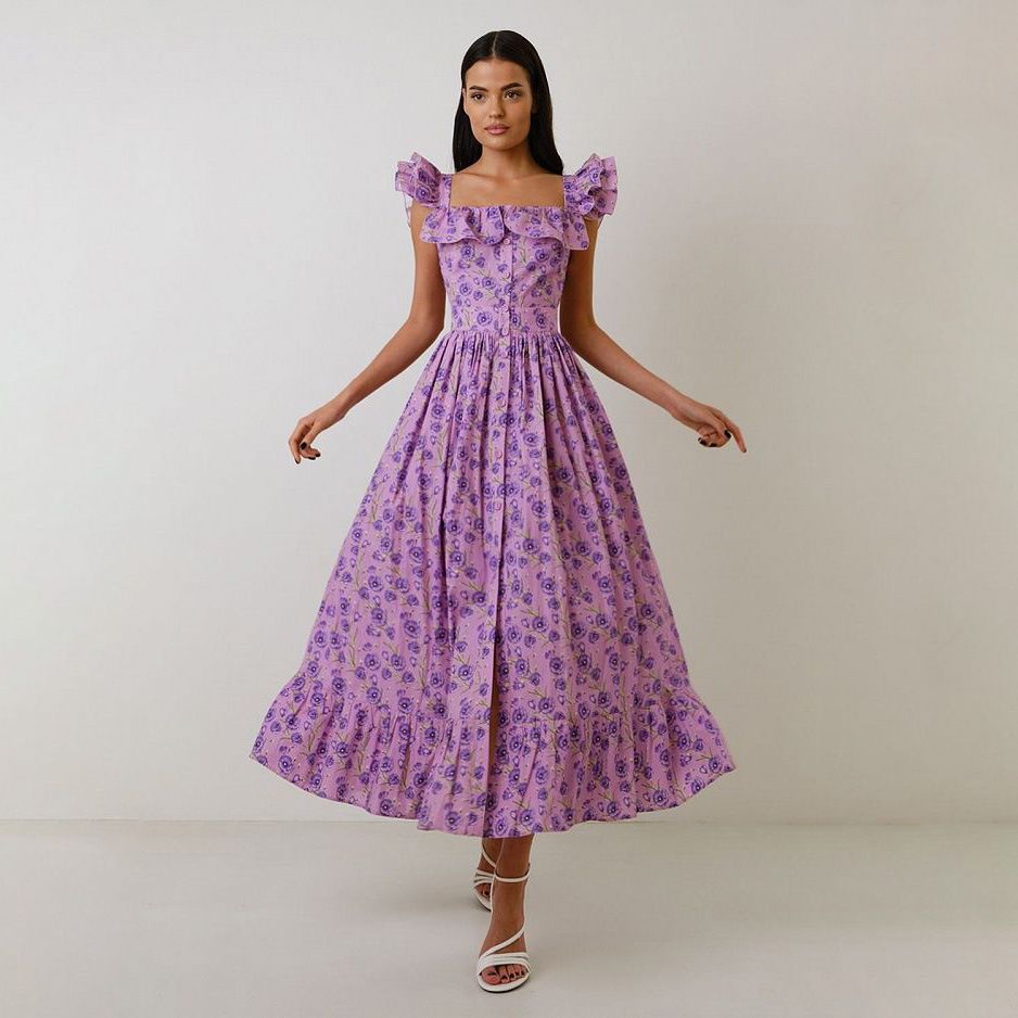 Women's Clothing Square Neck Floral Dress Waist Slimming Seaside Holiday Puff Sleeve Long Dress_ecoleips.com