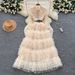 Luxury Elegant Sequined Beaded Mesh Tulle Dress French Style Waist Cinching Slimming Long Dress For Women_ecoleips.com