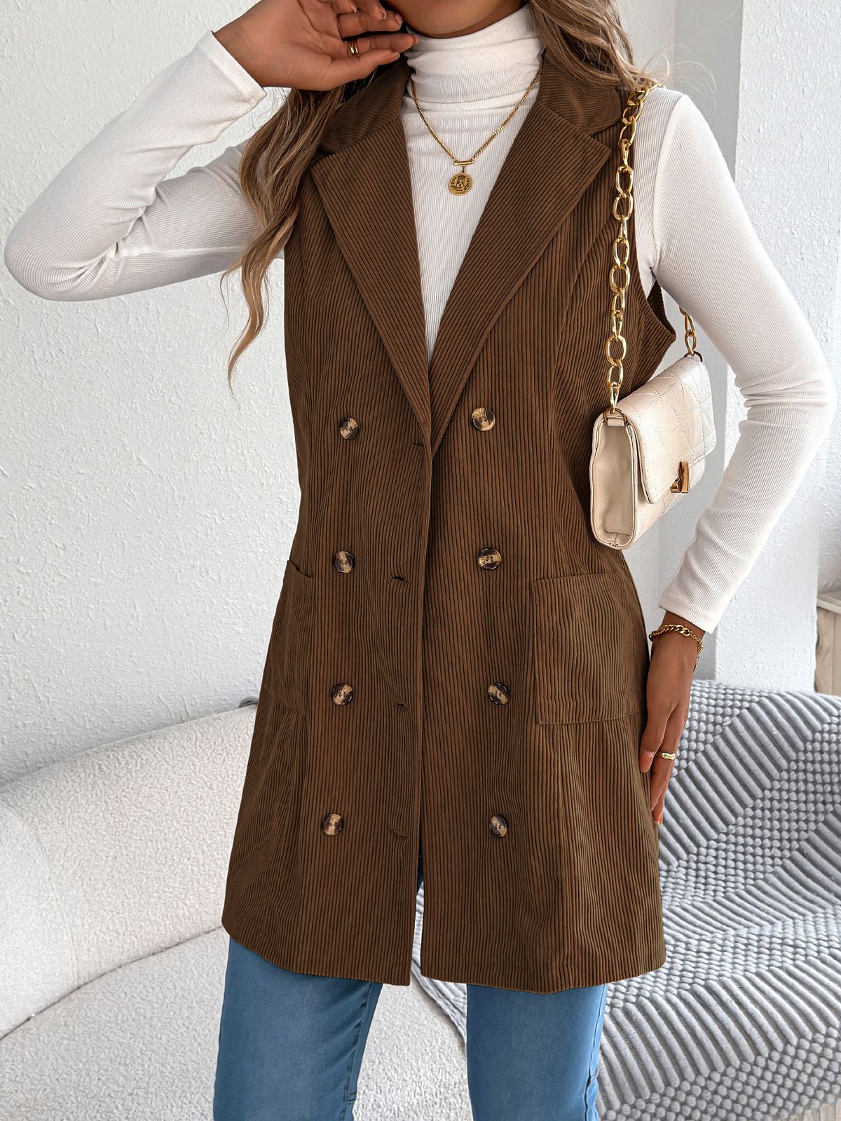 Women's Long Double-Breasted Corduroy Vest Coat With Pockets – Classic Fall/Winter Streetwear In Khaki, Burgundy & Brown_ecoleips.com