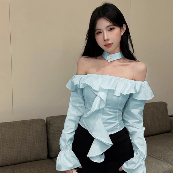French-style Off-shoulder Shirt With Ruffle Trim, 2025 New Spring Model, Bell Sleeves, Waist-cinching Slimming Design_ecoleips.com