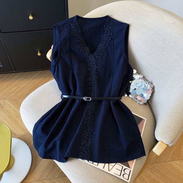 Korean Style Lace Trim V Neck Single Breasted Top for Women Loose Fit Slimming Sleeveless Shirt Waist Cinching New in Stock_ecoleips.com