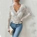 Women's Clothing Lace Blouse - Sexy V-Neck Long Sleeve Top With Floral Lace Trim - Black & White Slim Fit Shirt For Date Night_ecoleips.com