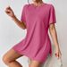 Summer Casual Women's Two Piece Suit Comfortable Bat Sleeve round Neck Slit T-Shirt And Tight Shorts Set_ecoleips.com