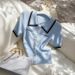 Women's Blue Collared Short Sleeved T-Shirt Color Block Knit Top Elegant Summer_ecoleips.com