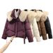 Women's Winter Short Puffer Jacket With Detachable Faux Fur Collar, Loose Fit, Warm Cozy Outerwear In Black/Brown/Cream/Wine_ecoleips.com