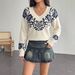 Women's V Neck Jacquard Knit Sweater European American Style Retro Rose Print Loose Fit Drop Shoulder Long Sleeve Pullover Top_ecoleips.com