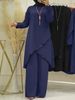 H720#Spring And Autumn Muslim Two-Piece O-Neck Long Sleeve Shirt Wide-Leg Pants Suit Casual Women's Set_ecoleips.com