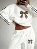 Women's Autumn Winter Bow Print Fleece Lined Thick Sports Sweatshirt Set Casual Loose Fit Pattern_ecoleips.com