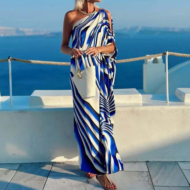 Elegant Pleated Bohemian Dress Sexy Slant Shoulder Sleeve Loose Holiday Dress Women Fashion Pattern Print Hollow Out Party Dress_ecoleips.com