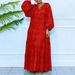 Plus Size V-Neck Bow Tie Floral Embroidered Dress – Lantern Sleeves & Pleated Maxi Dress For Women_ecoleips.com