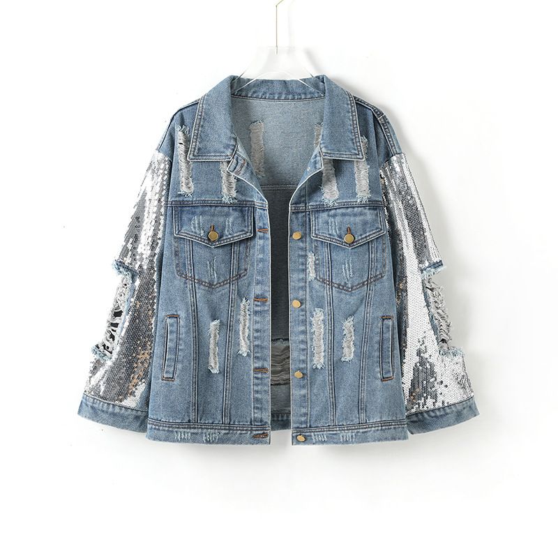 Women's Clothing Loose Ripped Sequined Denim Jacket One Piece Drop Shipping_ecoleips.com