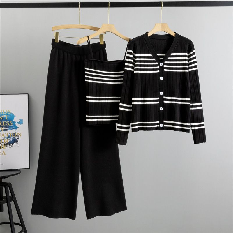 Women's Clothing Striped Knitted Cardigan, Suspenders, Wide Leg Pants, Fashionable Three Piece Suit_ecoleips.com