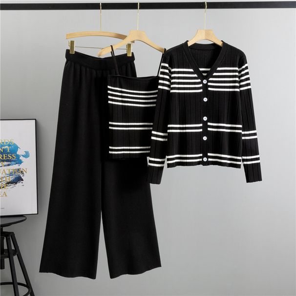 Women's Clothing Striped Knitted Cardigan, Suspenders, Wide Leg Pants, Fashionable Three Piece Suit_ecoleips.com