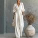 Elegant V-Neck High-Waisted Wide-Leg Jumpsuit For Women, Tummy Control Summer Knitted Romper With 3/4 Sleeves_ecoleips.com