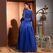 Elegant Navy Blue Satin Evening Gown Sequin-Embellished Split Thigh Formal Dress With V-Neck & Flutter Sleeves For Galas, Cocktail Parties_ecoleips.com