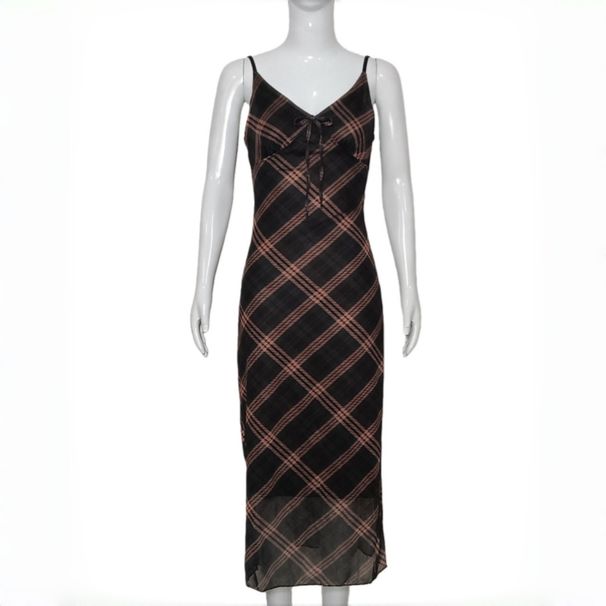 Women's American Plaid Halter High Waist Bodycon Maxi Dress – French Countryside Slimming Summer Gown_ecoleips.com