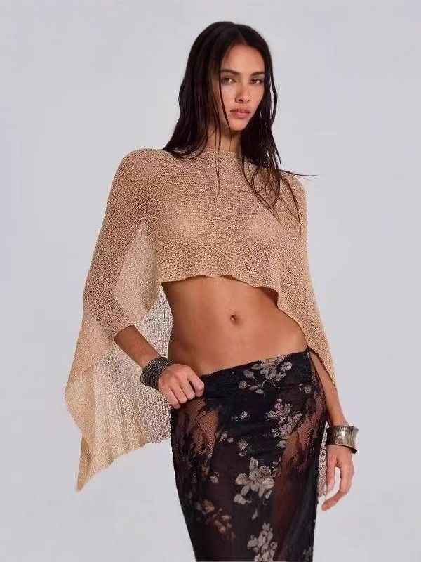 Women's Hollow out See through One Piece Knitted Sweater European American Style Multiple Wearing Methods Vacation Beach Cover up Shawl Top_ecoleips.com