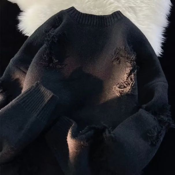 Women's Ripped Sweater Crew Neck Pullover Hipster High Street Vintage Day Teen Knitwear_ecoleips.com