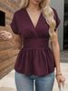 Women's Clothing V Neck Slim Fit Solid Color Raglan Sleeve T Top Pleated Spring_ecoleips.com