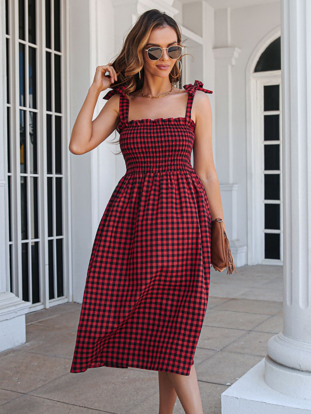 Women's Clothing 2022 Summer Bestseller European And American Casual Color-Block Plaid Tie-Waist_ecoleips.com