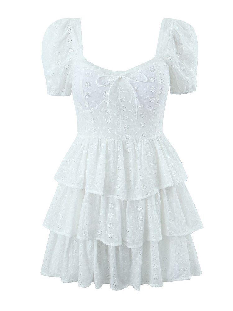 Women Elegant French Puff Sleeve Tiered Cake Dress High Waist Slim Fit Flared A‑Line Dress_ecoleips.com