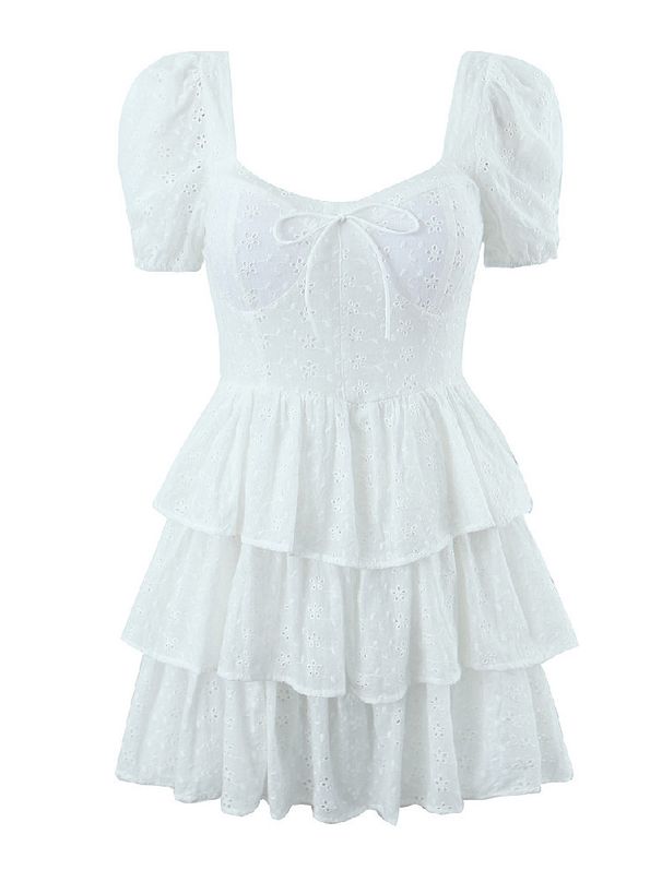 Women Elegant French Puff Sleeve Tiered Cake Dress High Waist Slim Fit Flared A‑Line Dress_ecoleips.com