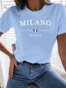 Women's Casual Letter Print T-Shirt – Soft Polyester, Loose Fit, Short Sleeve, Summer Essential (Sky Blue/Black/Red)_ecoleips.com