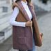 Women's hooded sleeveless color matching pocket no button mid-length cardigan fleece coat_ecoleips.com