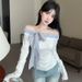 2025 New Sweet And Cool Design Bow Tie Strap Plaid Patchwork Off-Shoulder Long Sleeve T-Shirt For Women_ecoleips.com
