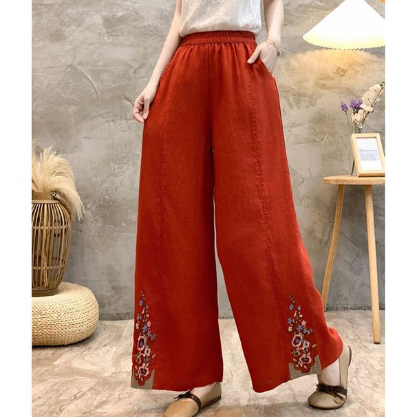 Suitable For All Seasons Women's Linen 2025 Summer High Waist Loose Slimming Straight Ethnic Style Embroidered Solid Color Casual Pants Thin_ecoleips.com
