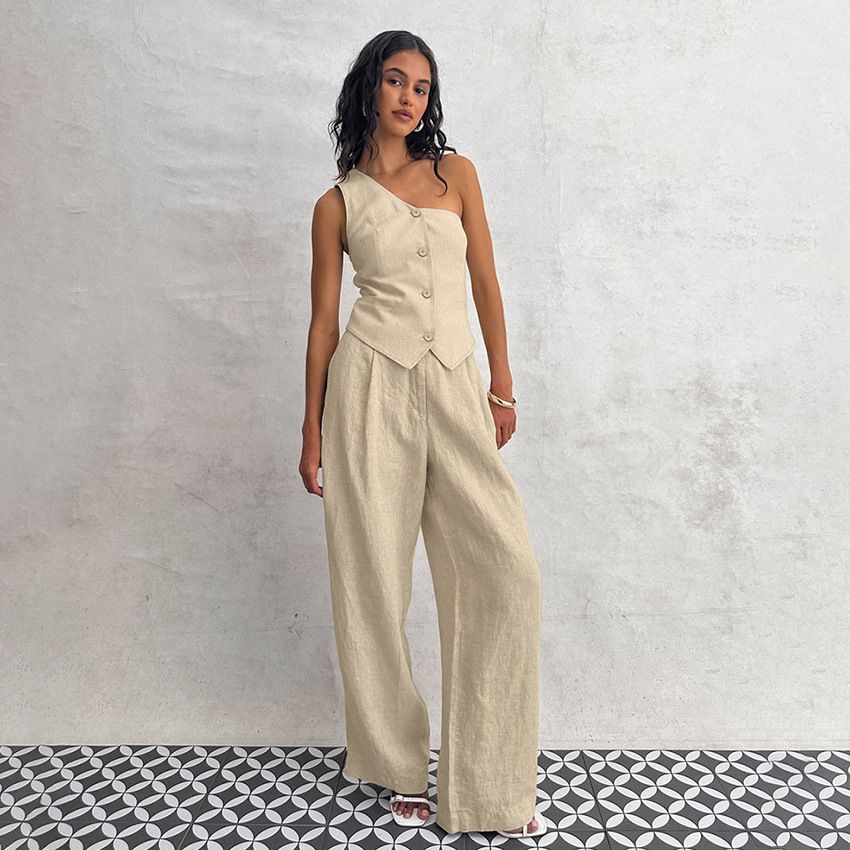 Women's Commuter Fashion Khaki Off-shoulder Cotton and Linen Vest Trousers Two-piece Set _ecoleips.com