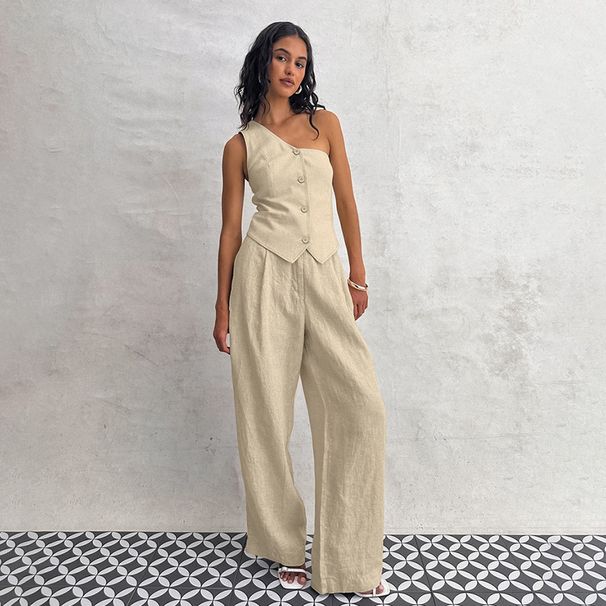 Women's Commuter Fashion Khaki Off-shoulder Cotton and Linen Vest Trousers Two-piece Set _ecoleips.com