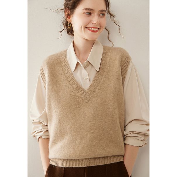 Aria Basics V-neck Cashmere Knitted Vest Women, Pullover, Sleeveless, Loose Fit, Solid Color, Stylish Elegant, Suitable For_ecoleips.com