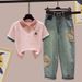 Women's Clothing Women's Fashionable Short Sleeved Shirt Collar Embroidered Bear Ethnic Style Trendy Style Set With Versatile Jeans_ecoleips.com