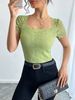 Women's Clothing Solid Color Lace Slim Square Short Sleeved T Shirt Tops_ecoleips.com